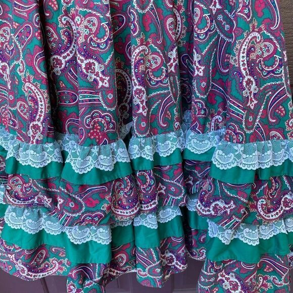 Vintage 80’s Square Dancing Paisley Print Dress Green and Dark Pink With Lace - Picture 6 of 16